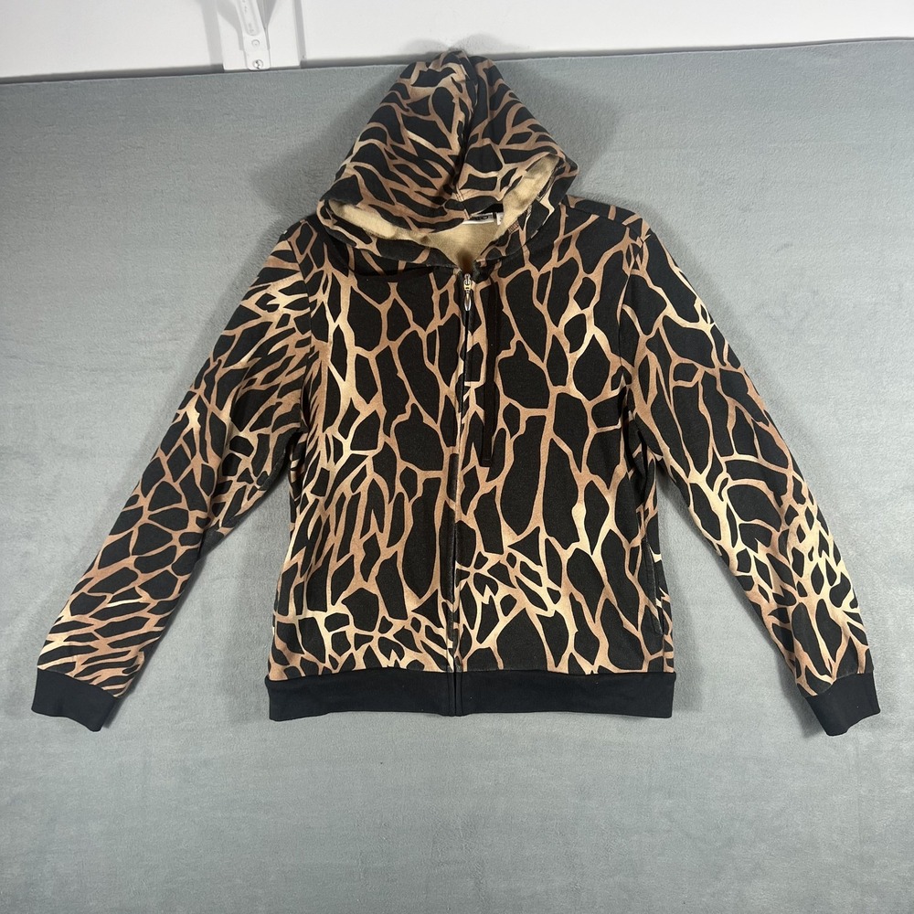 CATO Women's M Full Zip Hoodie Sweatshirt Giraffe Animal Print Black Tan